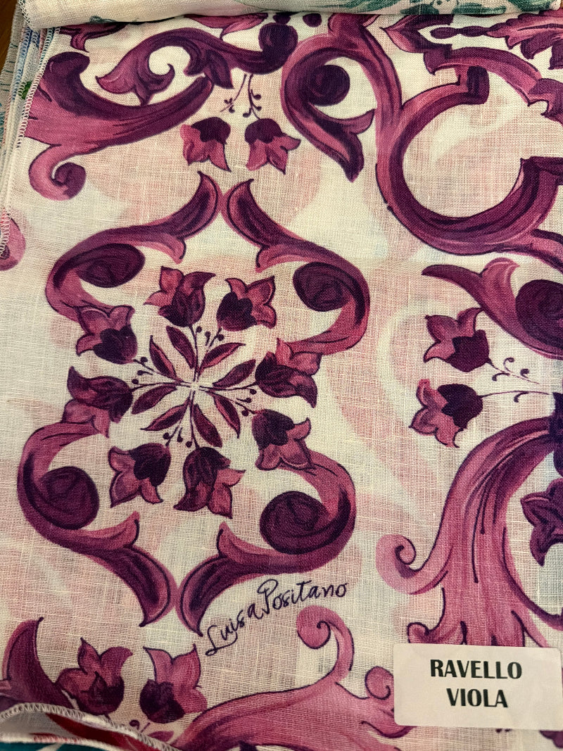 Coordinato in lino stampa Ravello viola top Pinacolada e gonna Barcellona