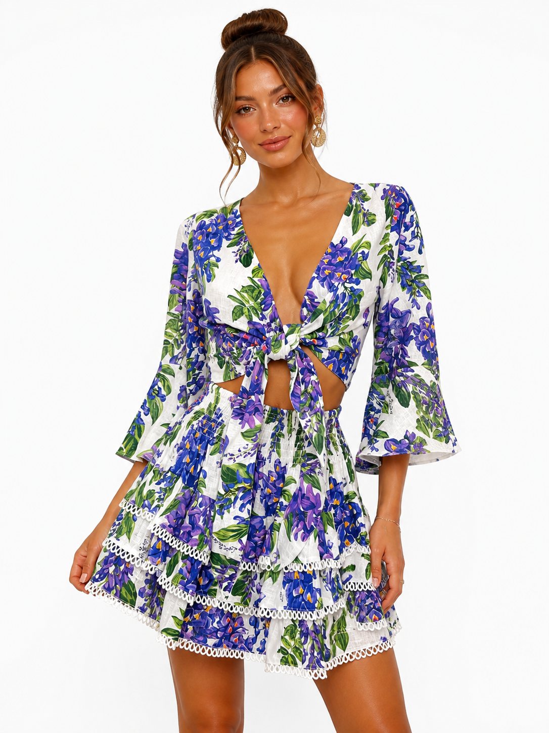 Coordinato in lino top Orione e gonna Love in stampa Glicine viola