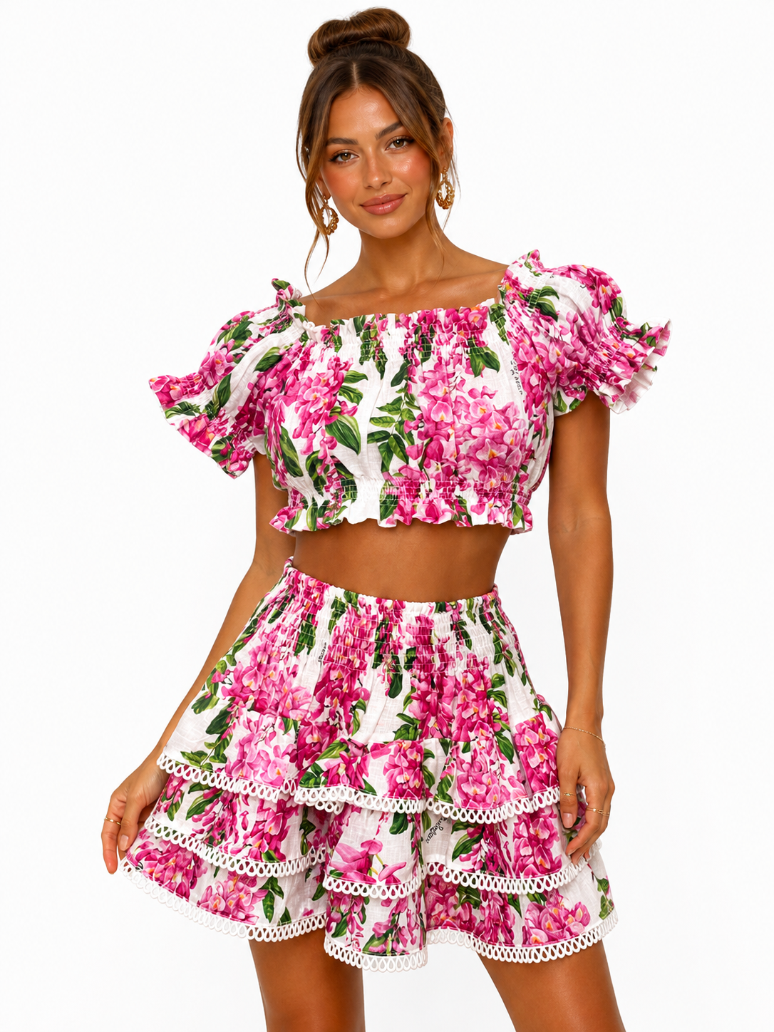 Fuchsia Wisteria print linen Bow top and Love skirt co-ord