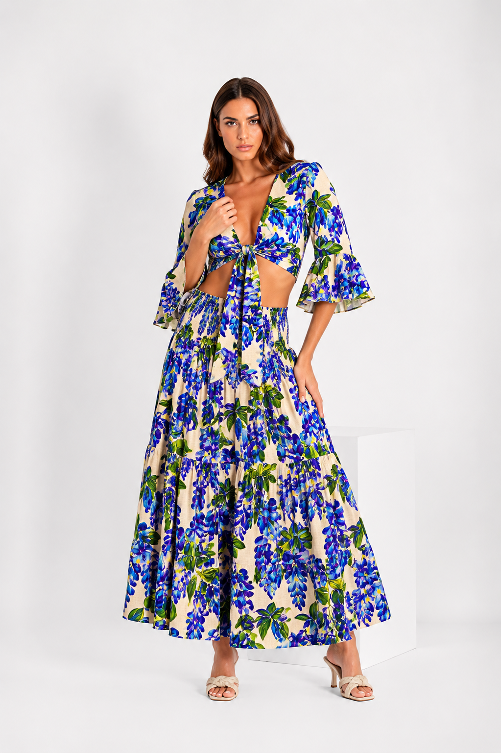 Coordinato top Orione e gonna hedy in lino stampa glicine viola