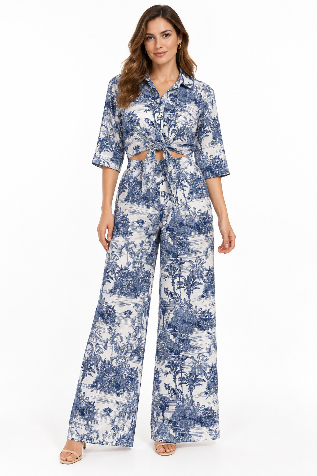 Completo top Tania e pantaloni Mandala in lino stampa adoro blu taglia unica