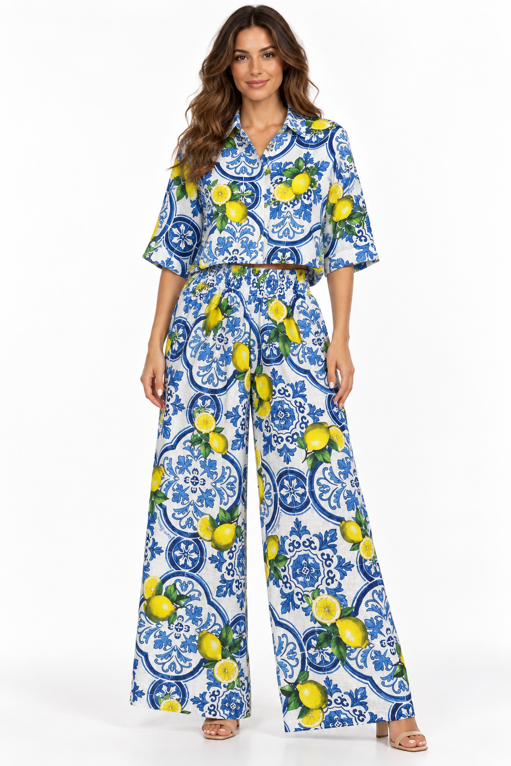 Completo top Tania e pantaloni Mandala in lino stampa Limone nuovo taglia unica