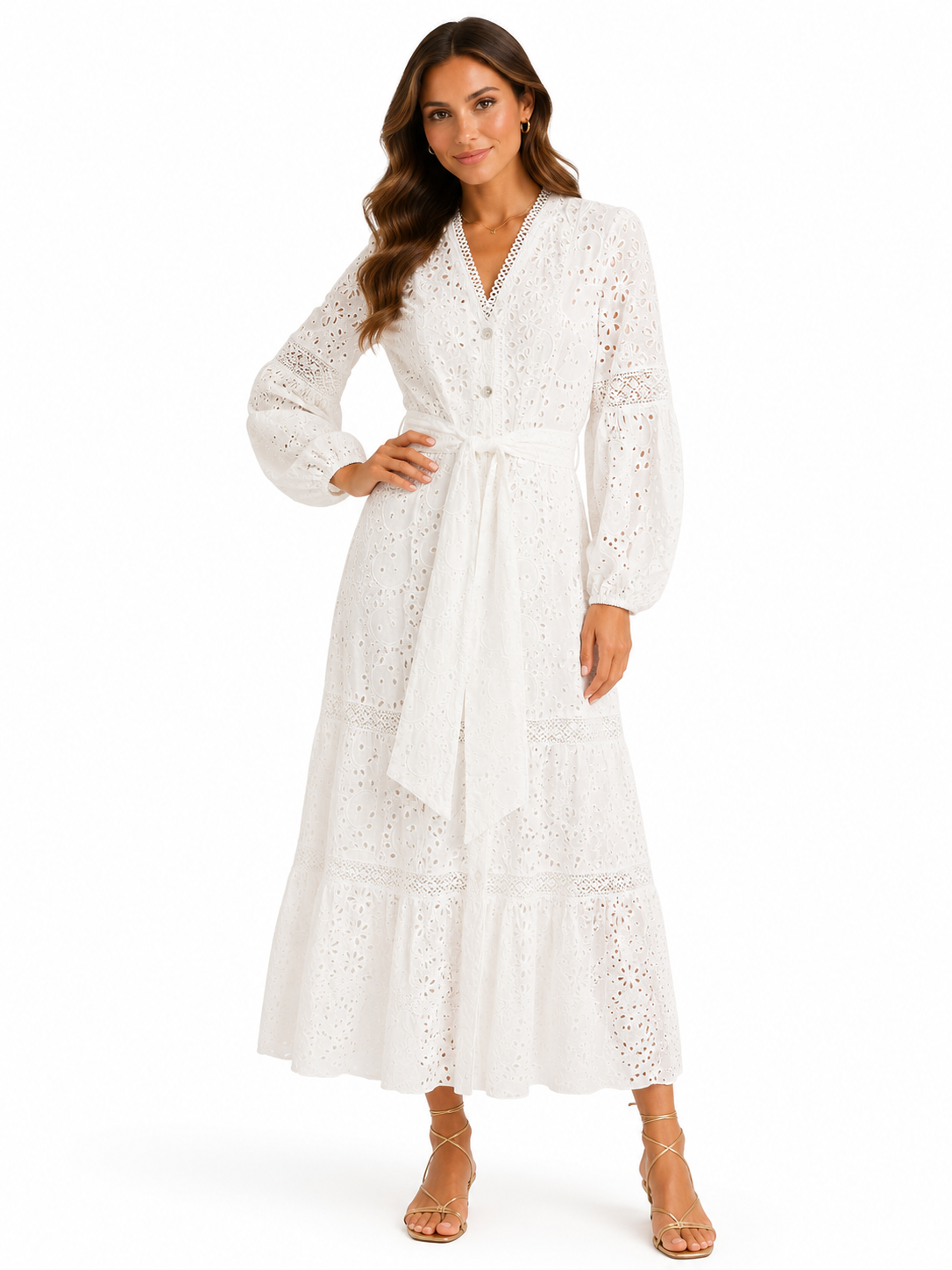 Langes besticktes San-Gallo-Baumwollkleid mit Spitze
