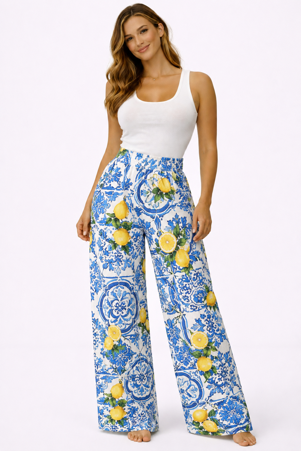 New linen Mandala trousers with lemon print