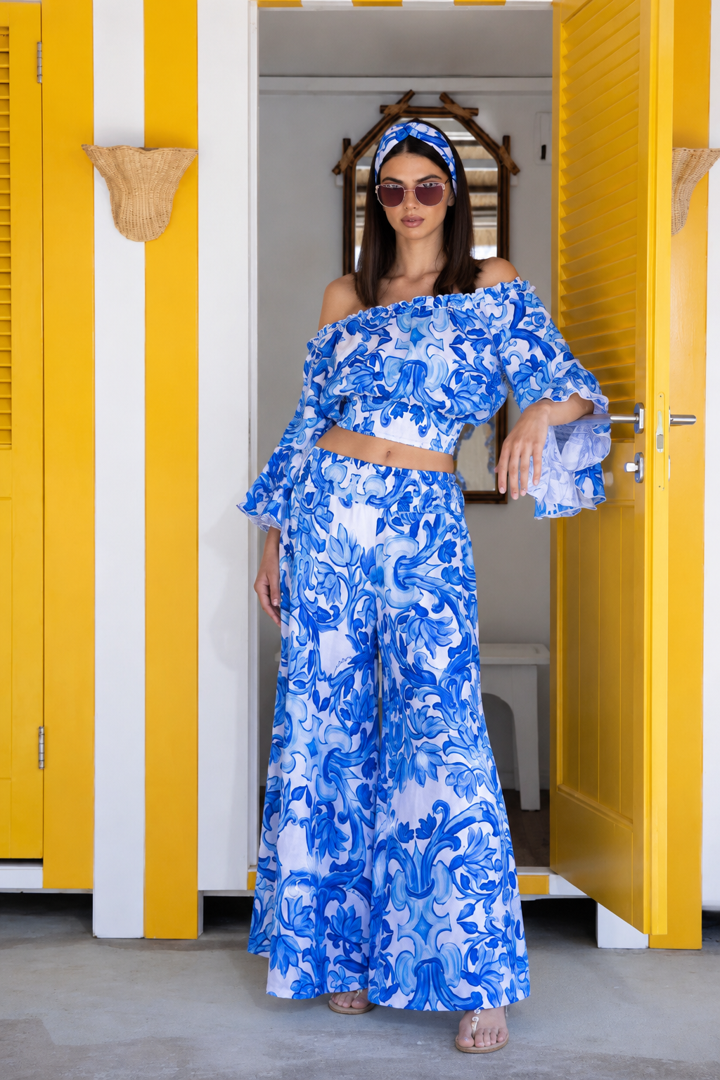 Coordinato Oman in lino stampa pittura blu