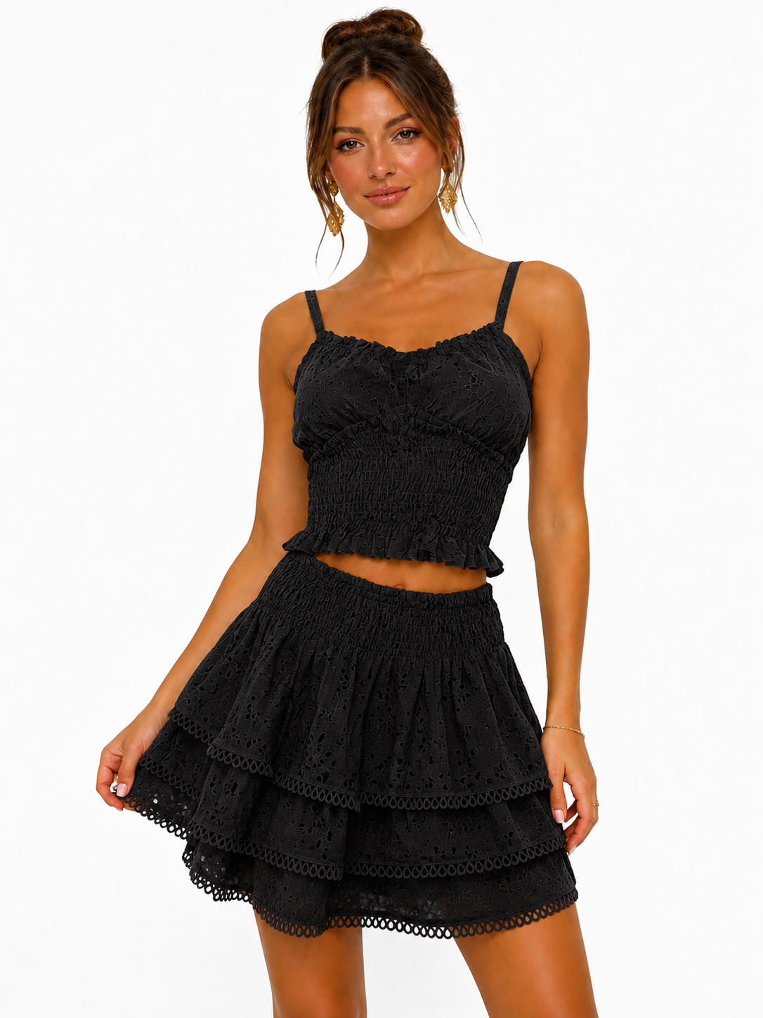 Coordinato in pizzo sangallo nero top Ornella e gonna Love