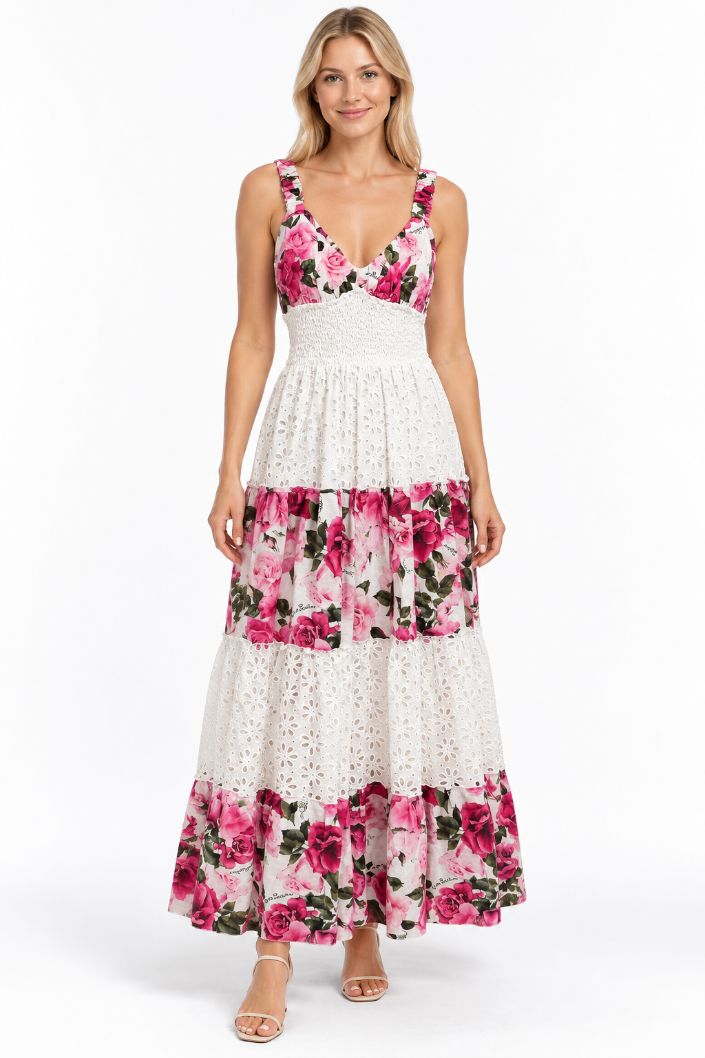 Two-tone peach dress in linen and sangallo with green Branch print