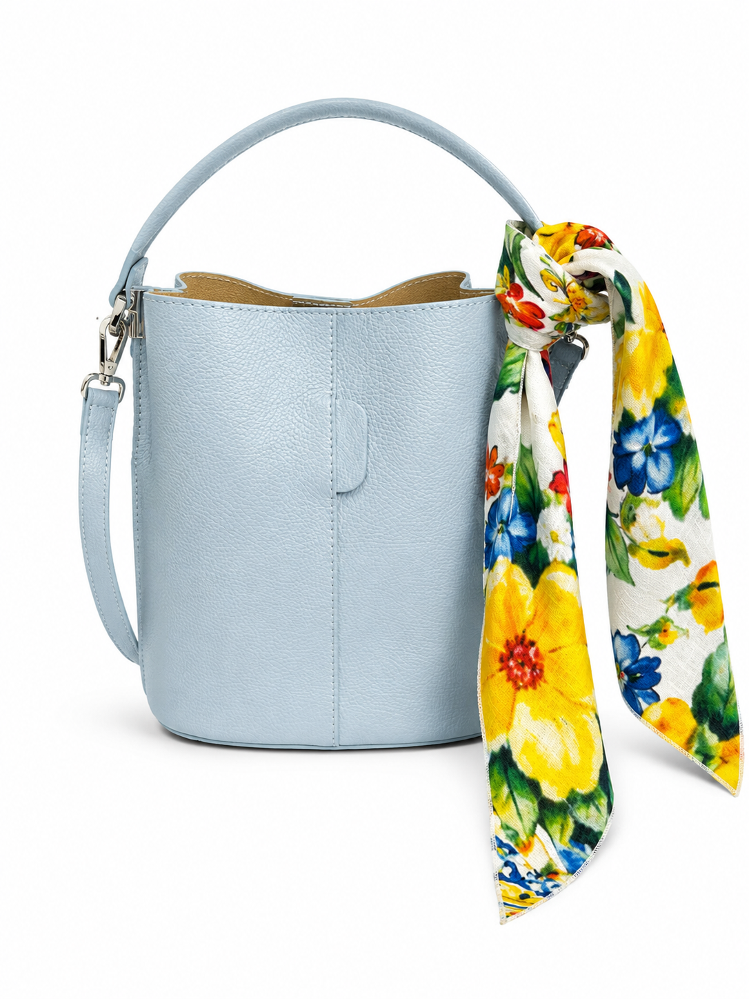 Large Sandra bag in light blue leather with linen foulard