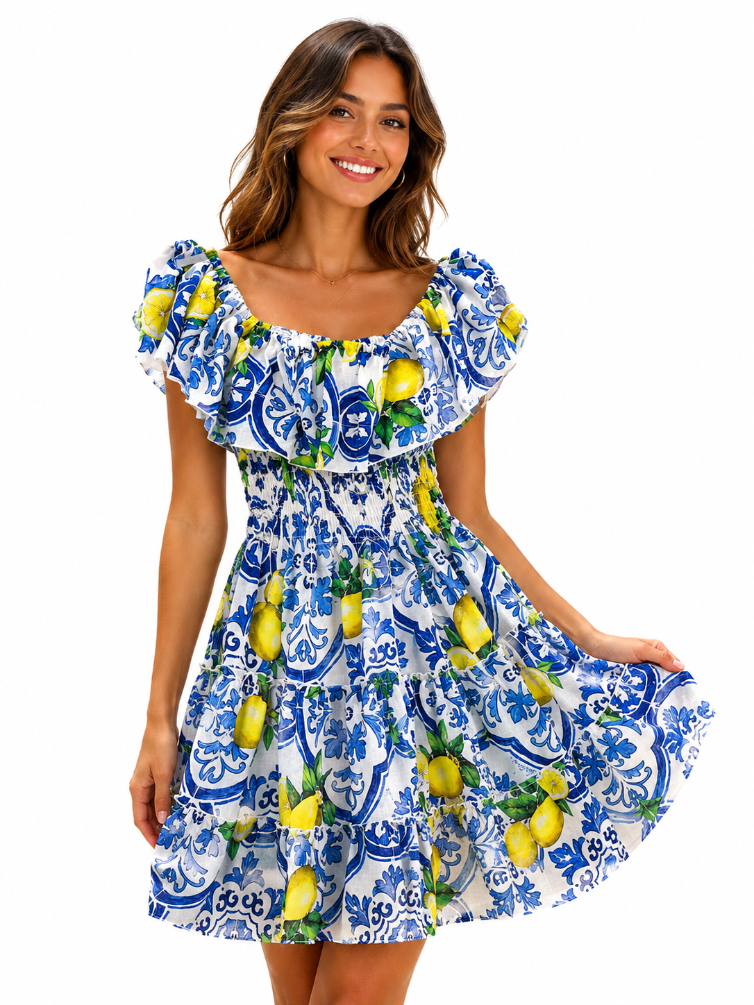 New Lemon Print Linen Ruffle Dress