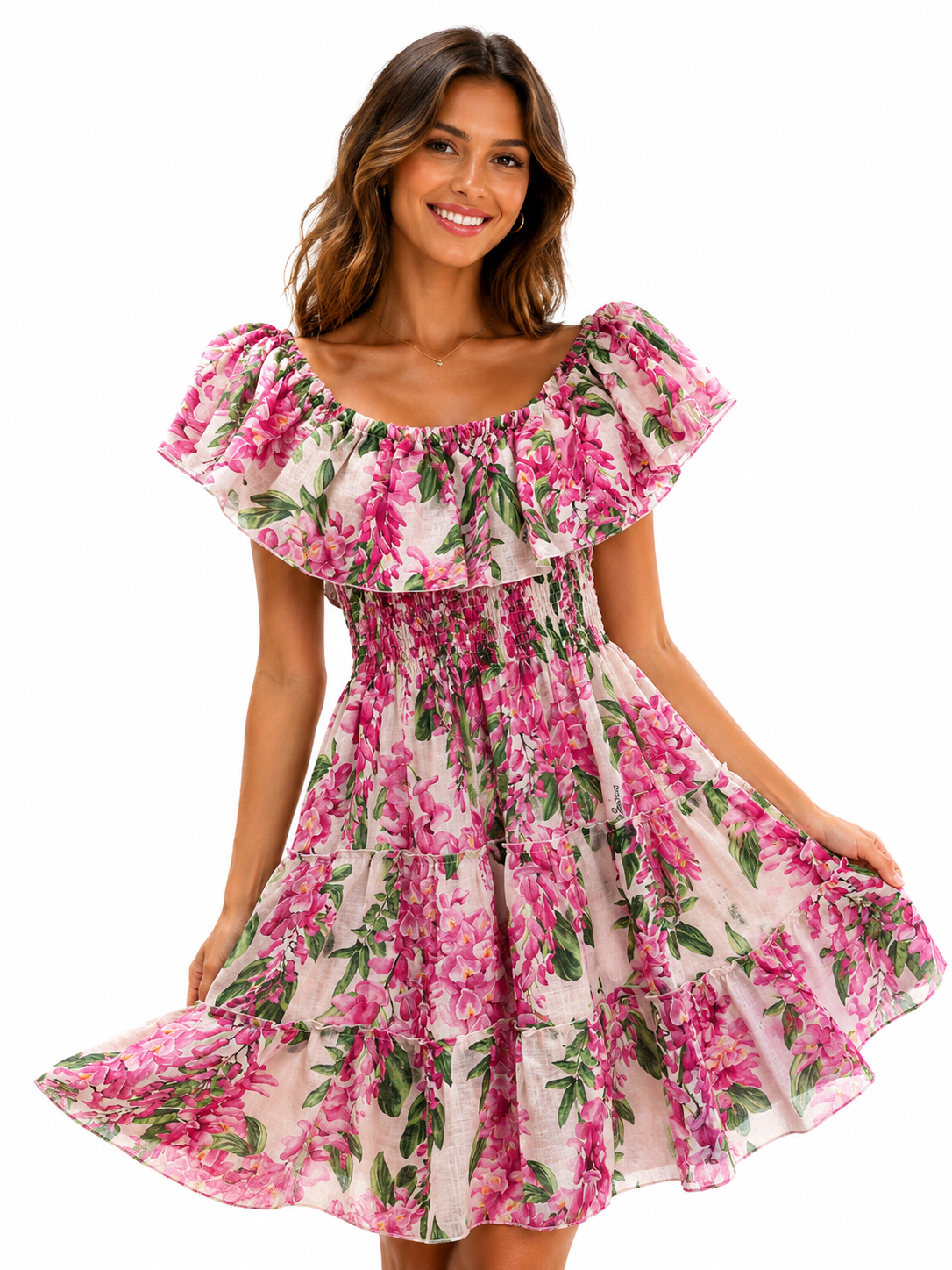 Kurzes Leinenkleid mit Volants, Glyzinien-Fuchsia-Print