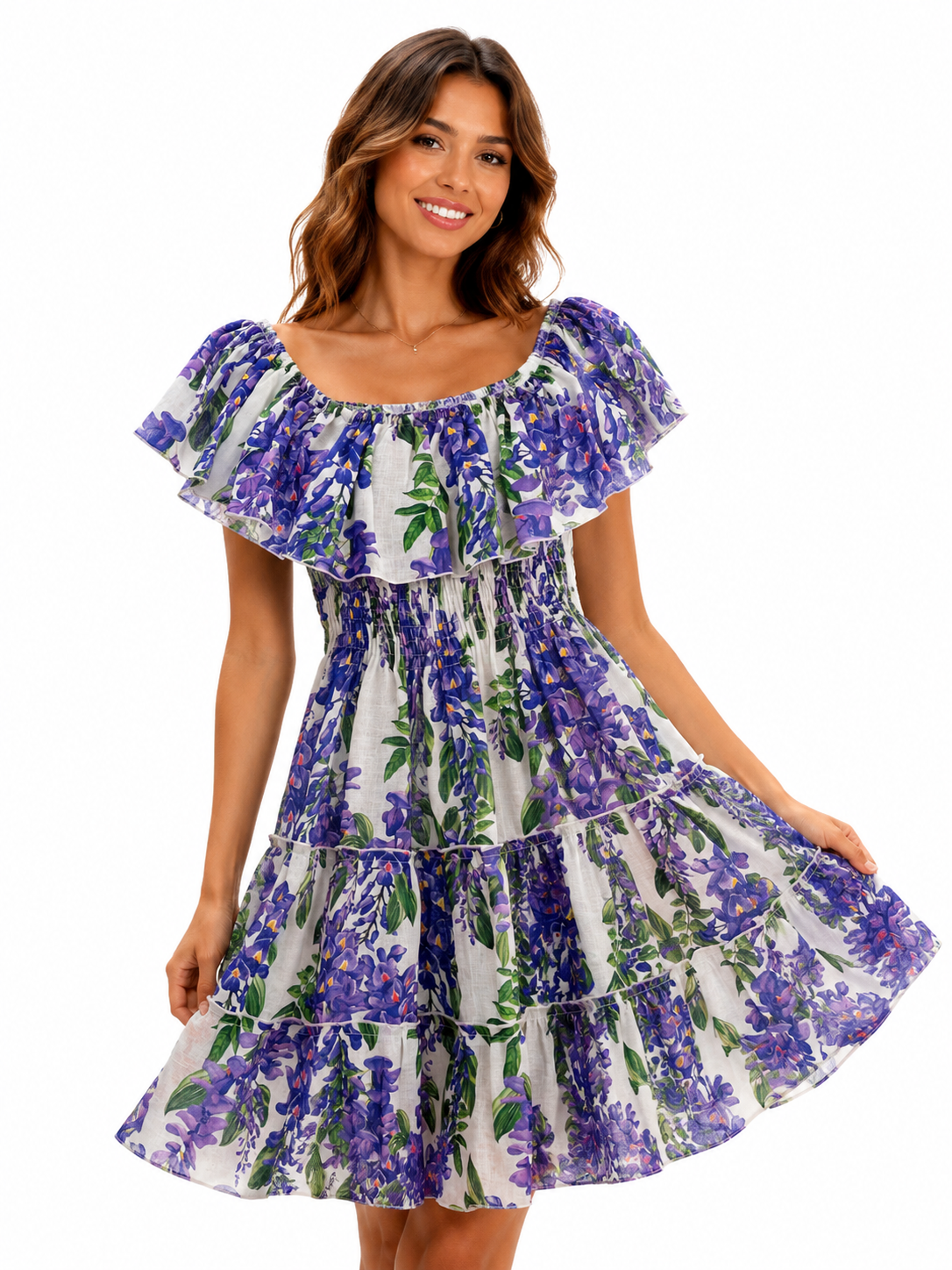 Purple wisteria print short linen flounce dress