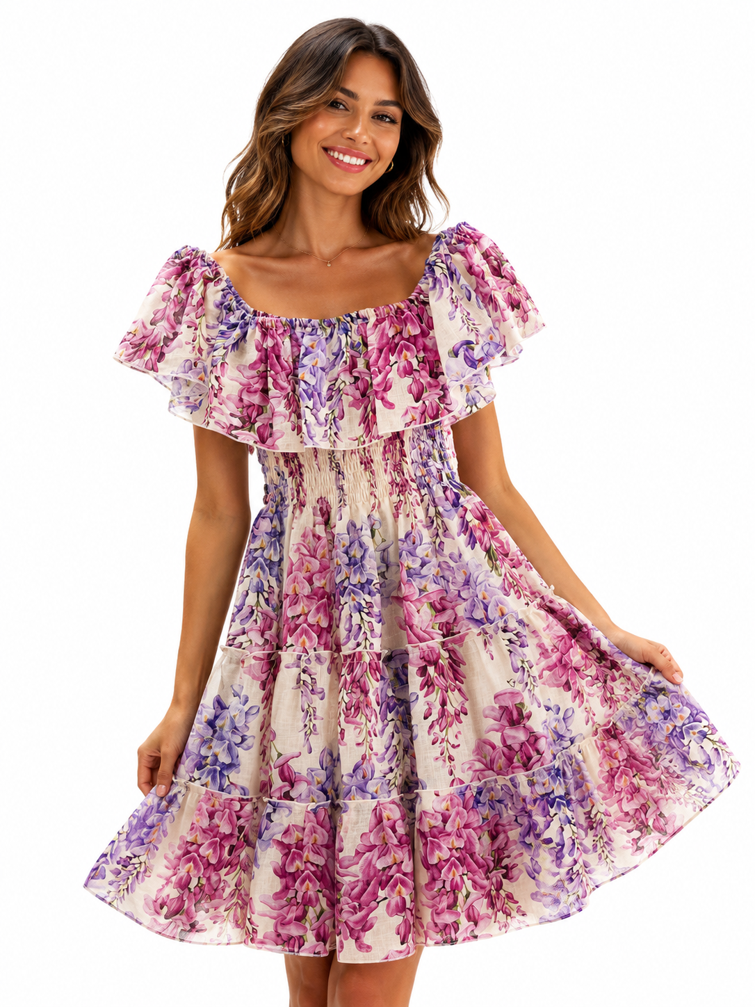 Short flounced linen dress with wisteria print