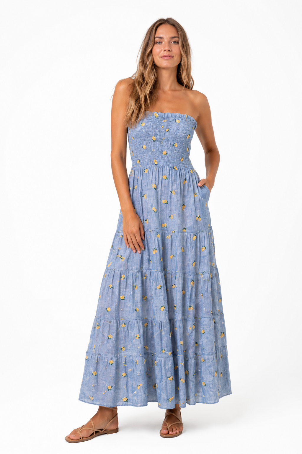 Kleid Totarone aus Leinen-Jeans mit Zitronenstickerei
