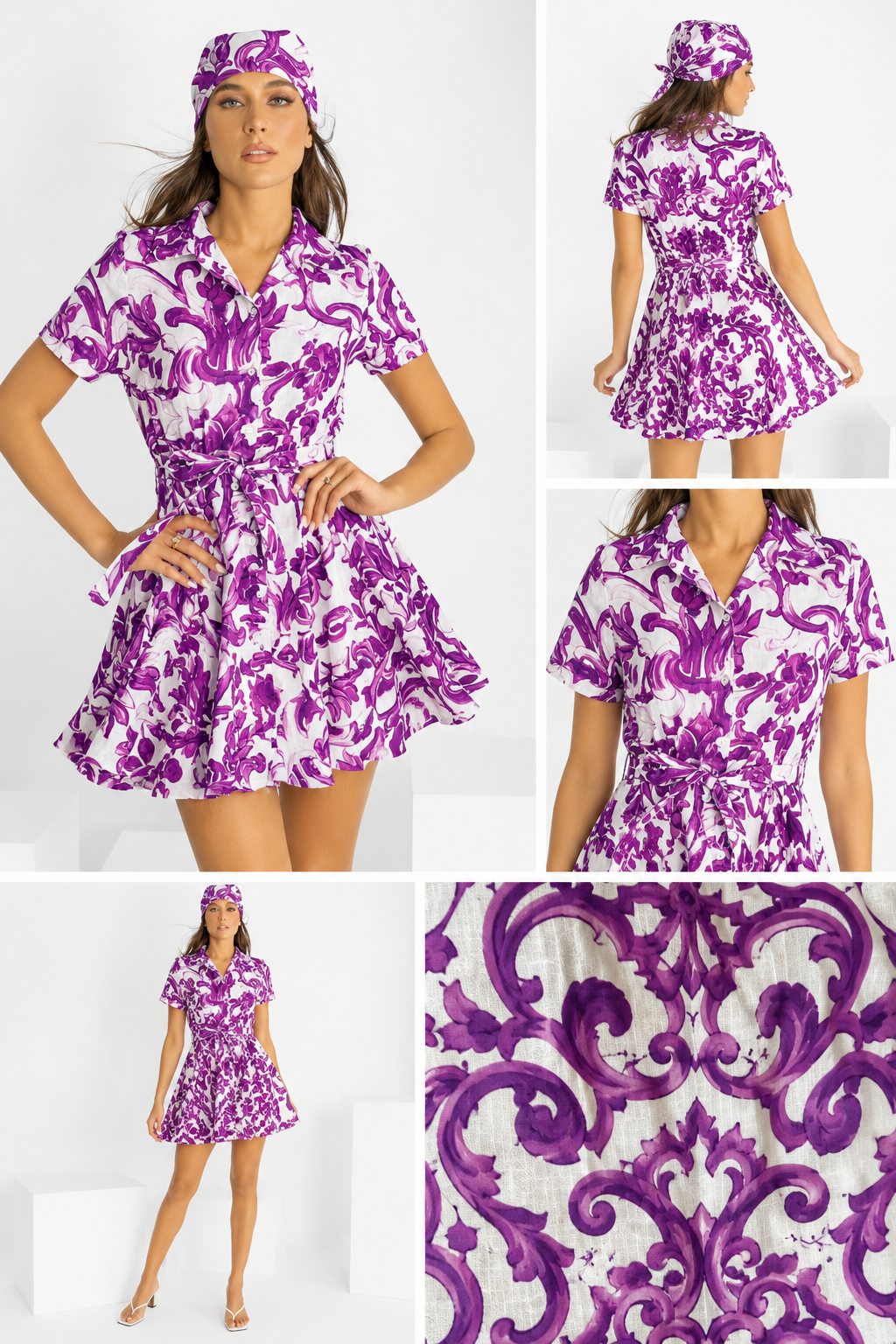 Daphne dress in purple Ravello print linen