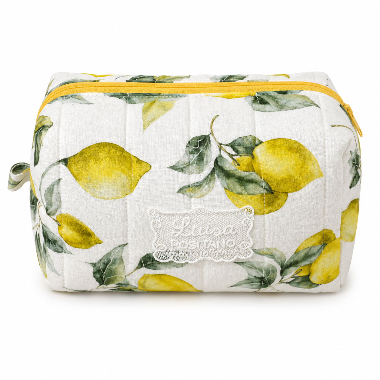 Linen beauty pouch with lemon print and zip closure