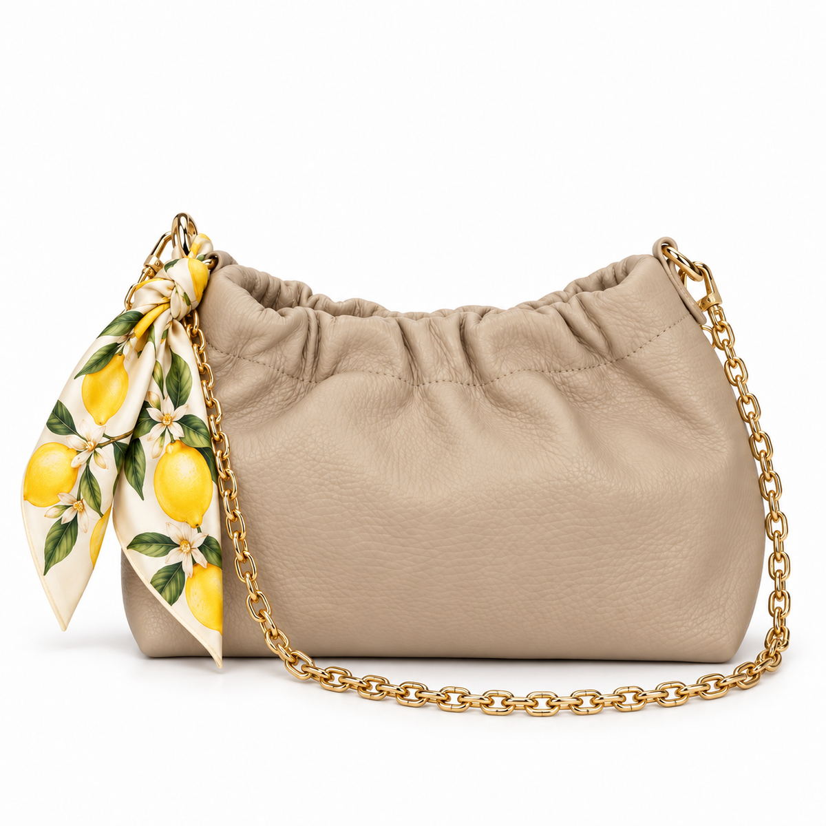 Borsa piccola Sissi in pelle color beige con foulard limoni