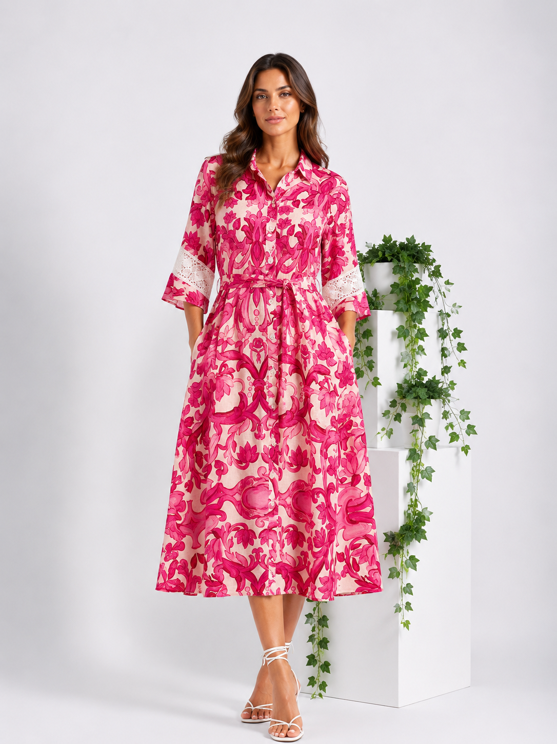 Abito Virginia in lino stampa pittura rosa taglia L