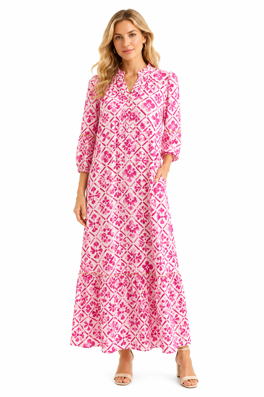 Abito Monaco long in lino con cintura profili oro stampa rosa tg M