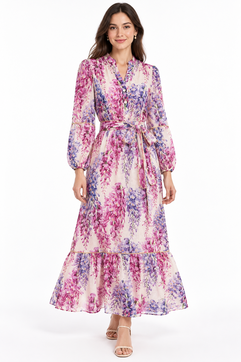 Long Monaco dress in wisteria print linen