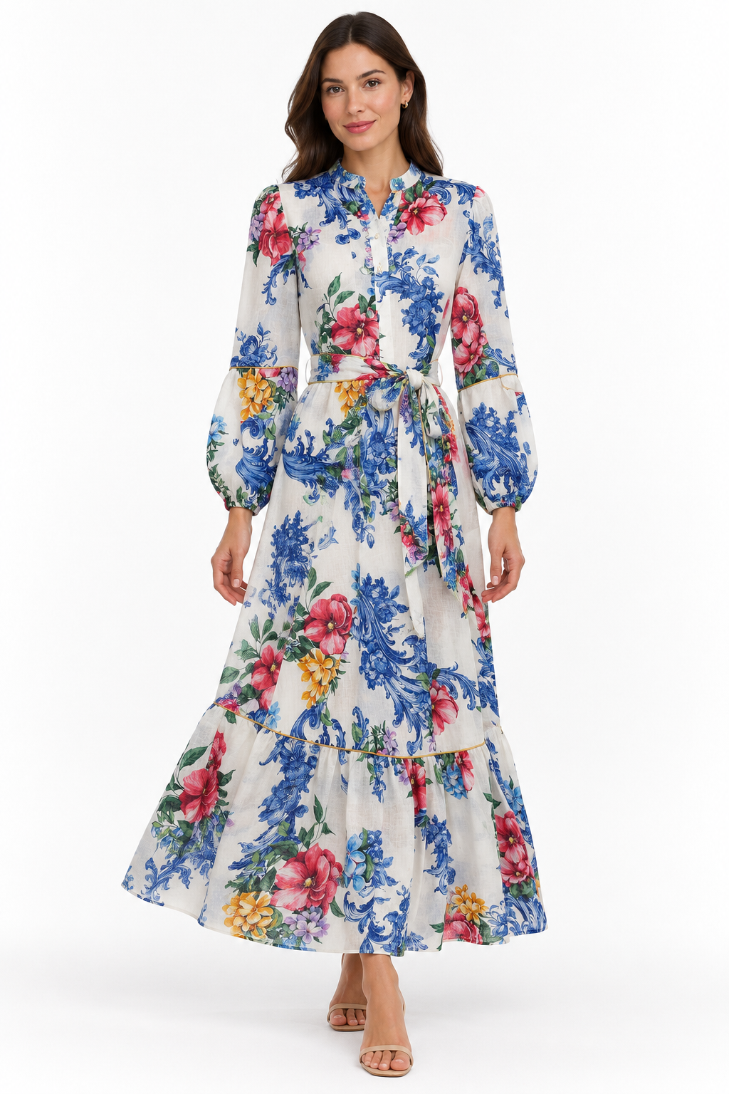 Long linen Monaco dress with Arte M print