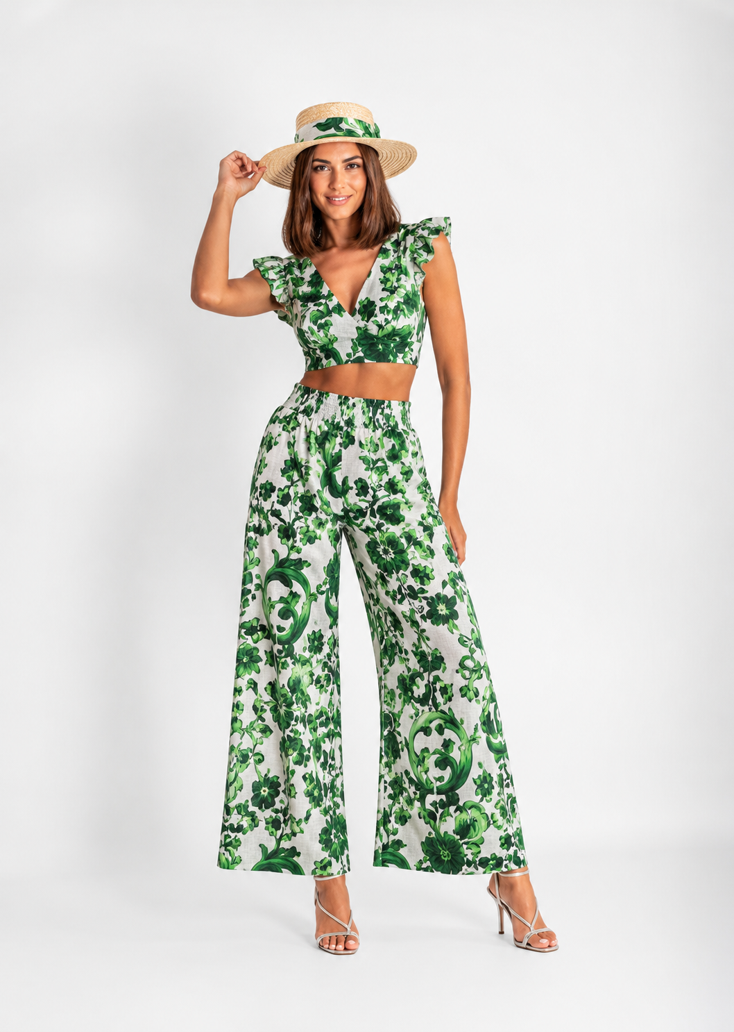 Pantaloni Mandala in lino stampa Ravello verde
