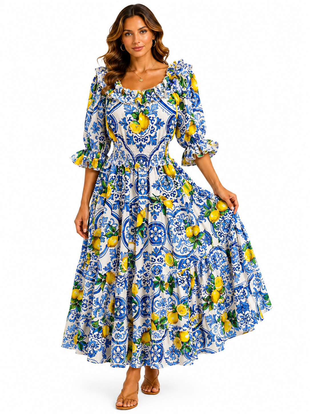 New Zoe long linen lemon print dress