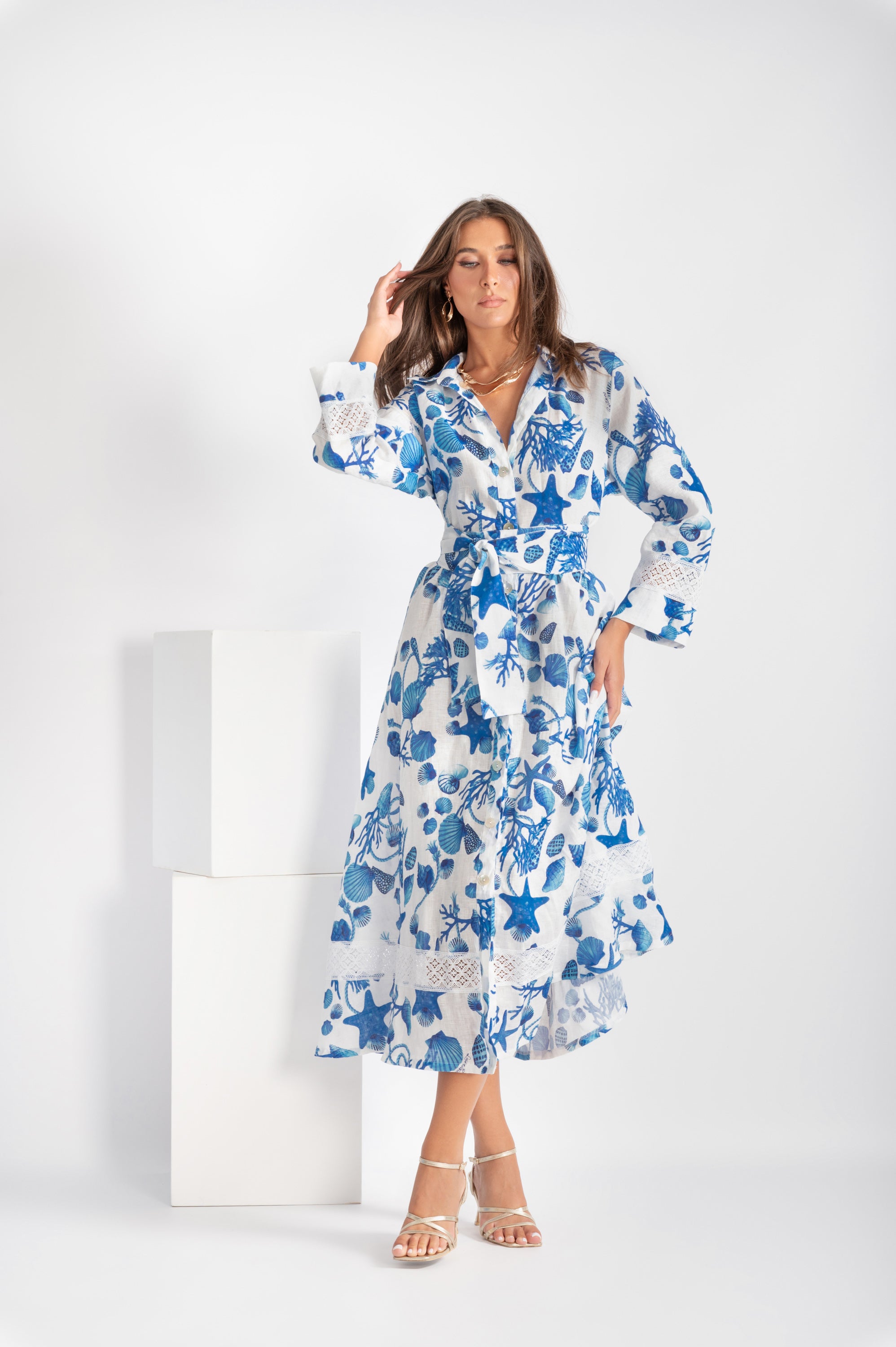 Asal lace long linen dress with coral print lace inserts