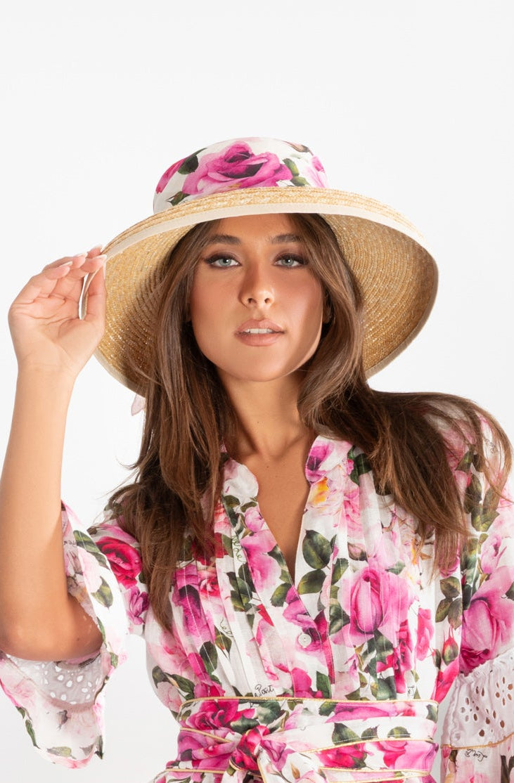 women's straw hat with rose-print linen band