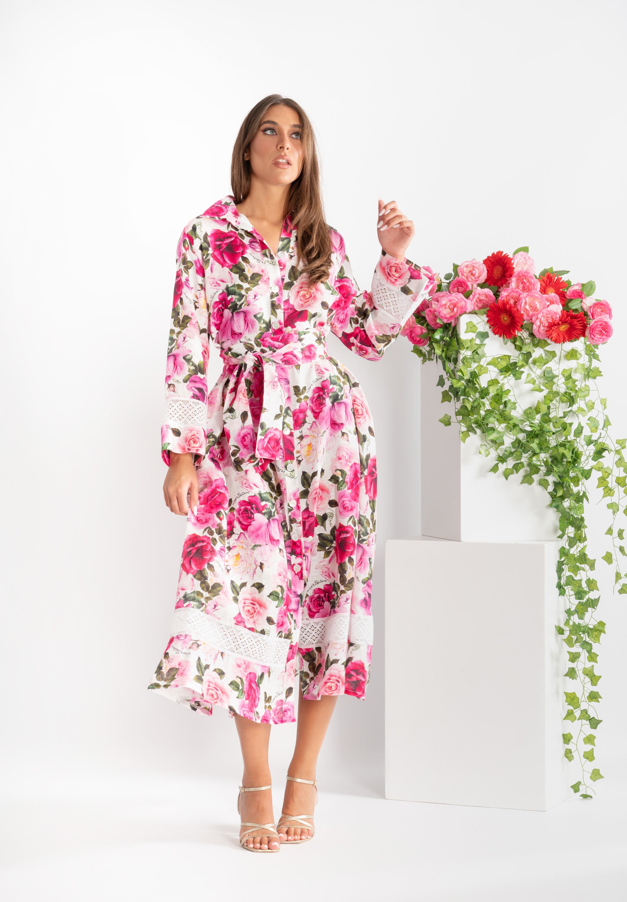 Virginia long shirt dress in rose-print linen