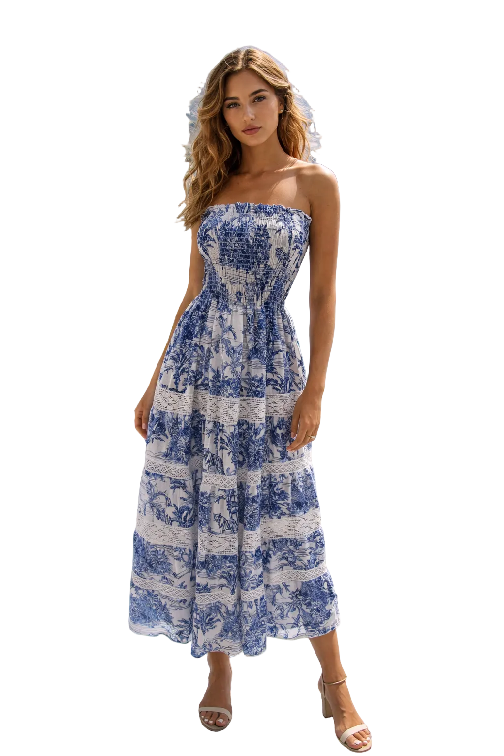 Tori lace long linen dress with a blue Adoro print