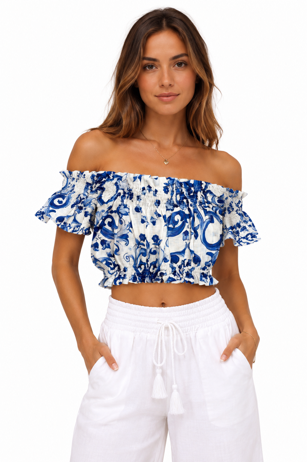 Top fiocco in lino stampa Ravello blu