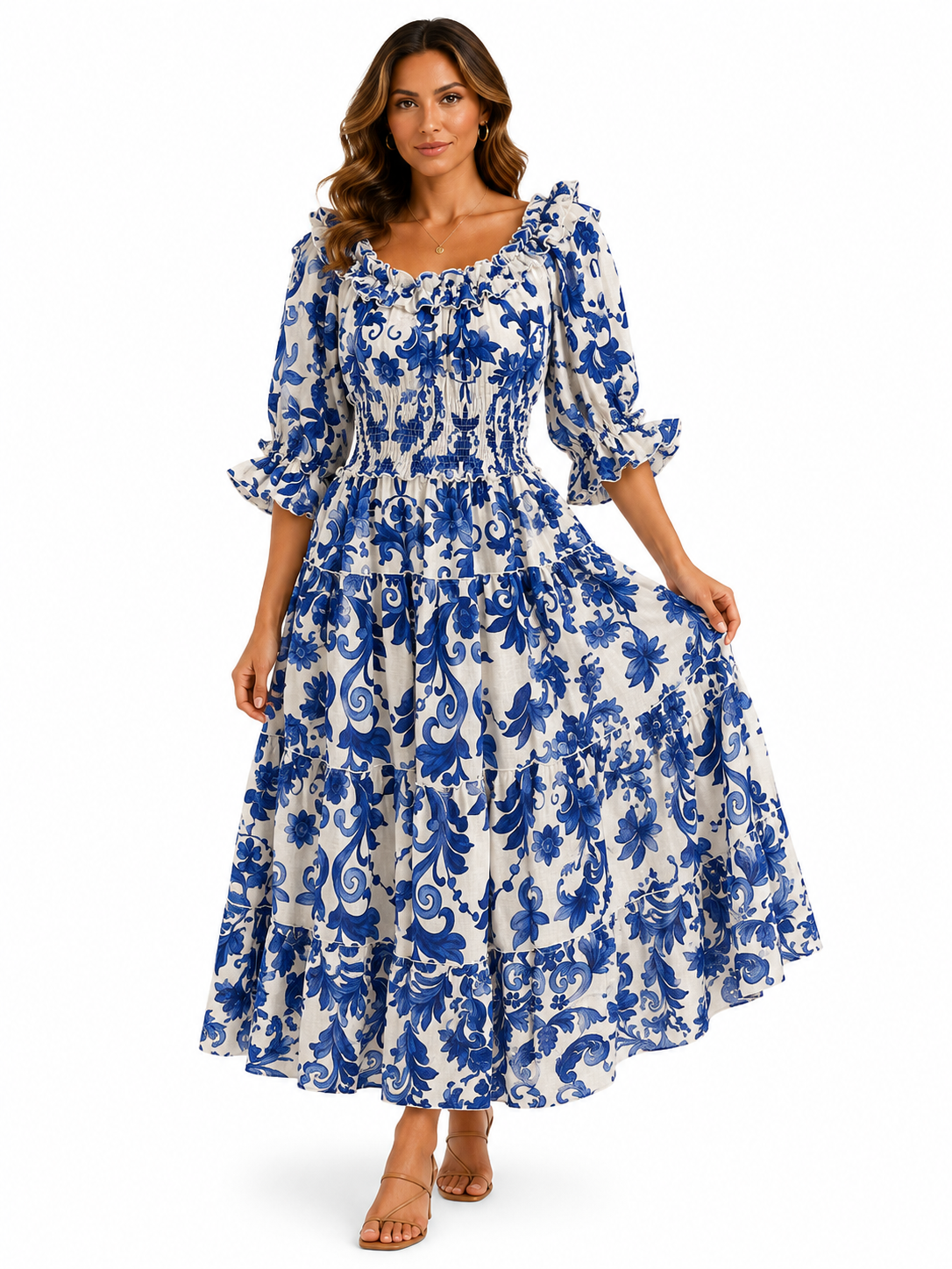 Abiti Zoe lungo in lino stampa ramo blu