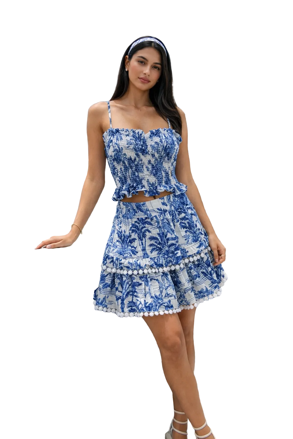 Ornella top and mini skirt set in blue Adoro print linen