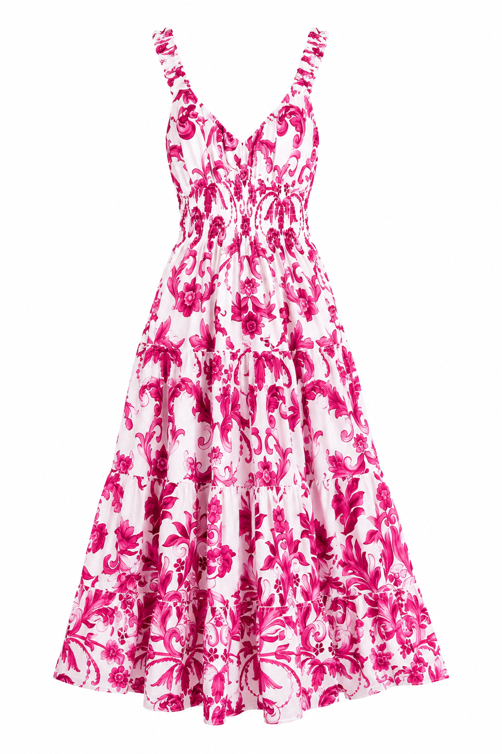 Abito Pesca lungo stampa Ramo rosa in lino bretelle elastiche