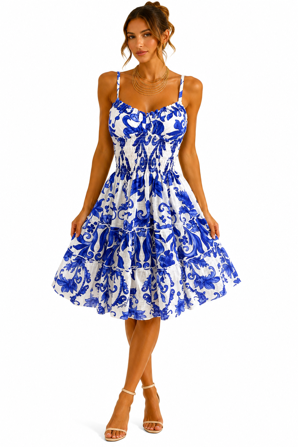 Abito Ornella corto in lino stampa Ramo blu