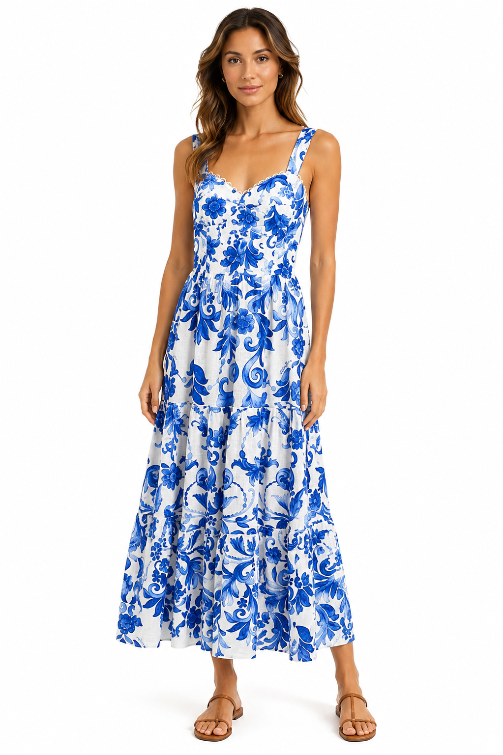 Abito Neve lungo con bretelle in lino stampa Ramo blu taglia S/M