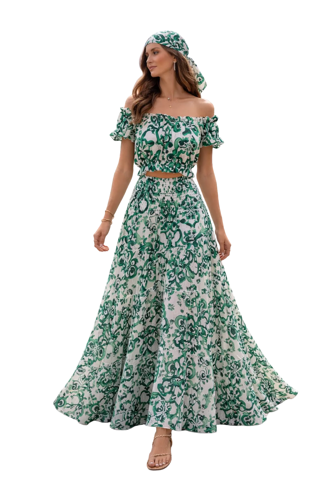 Minnie Mouse top and Hedy skirt set in linen with a green Ravello print