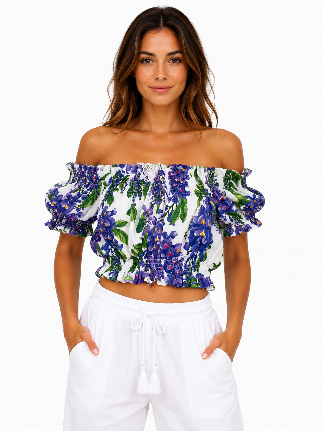 Top fiocco in lino stampa Glicine viola