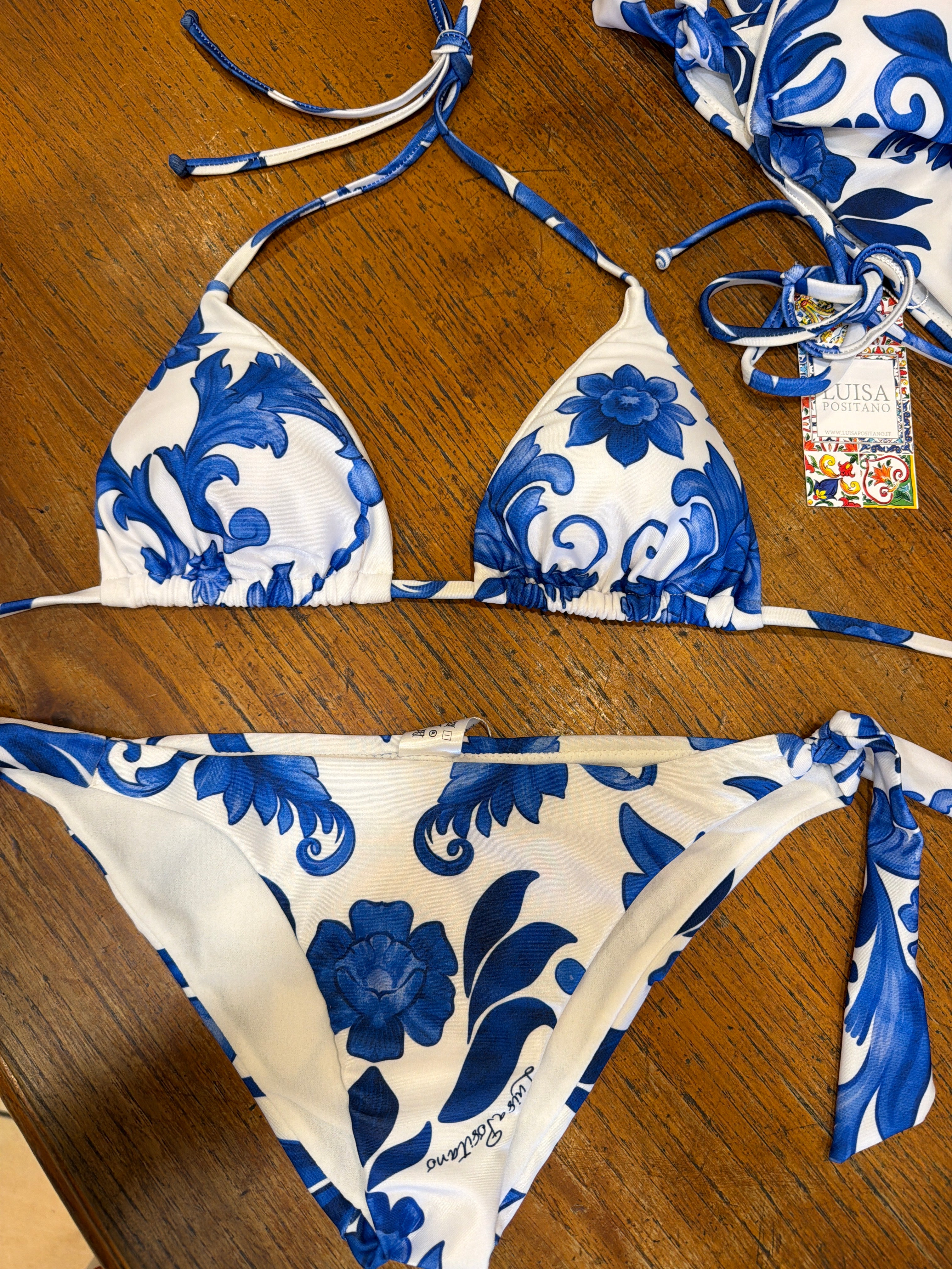 Bikini triangolo in lycra stampa ramo blu