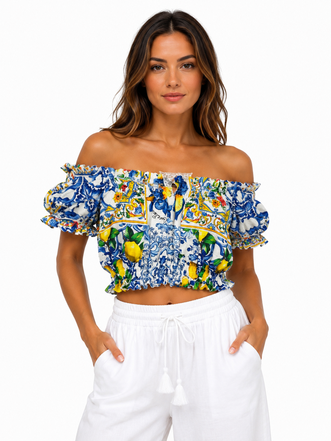 Top fiocco in lino stampa mix