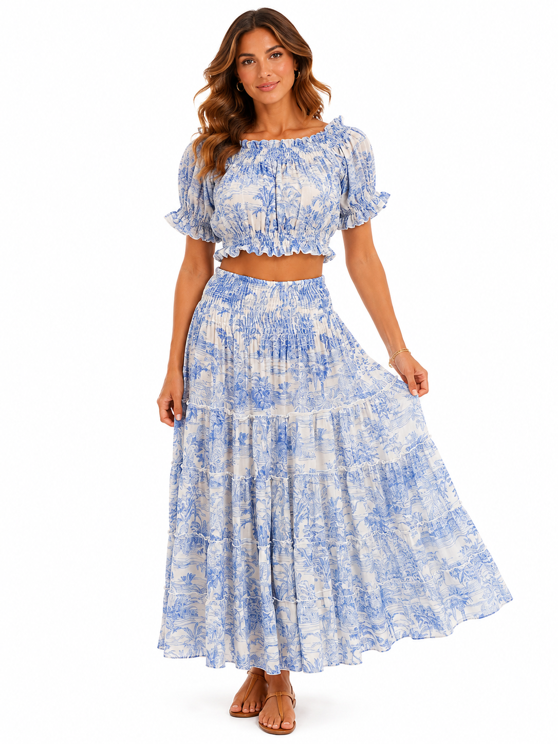 Coordinato top Minnie e gonna Hedy in lino stampa Adoro azzurro