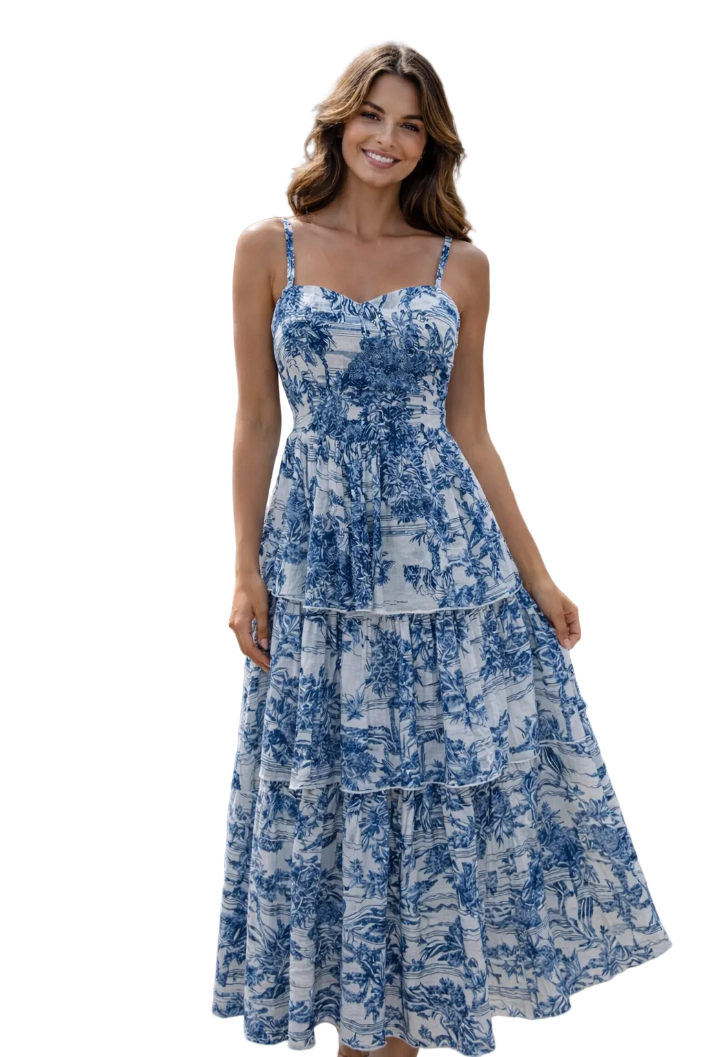 Ornella long linen dress with a blue "adoro" print