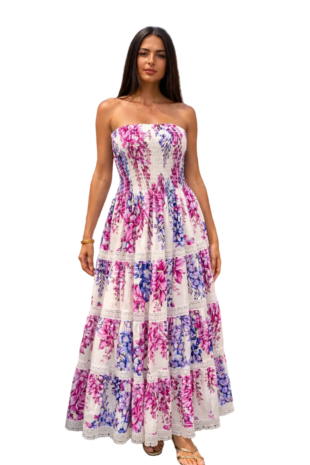 Abito Tori merletti in lino stampa glicine