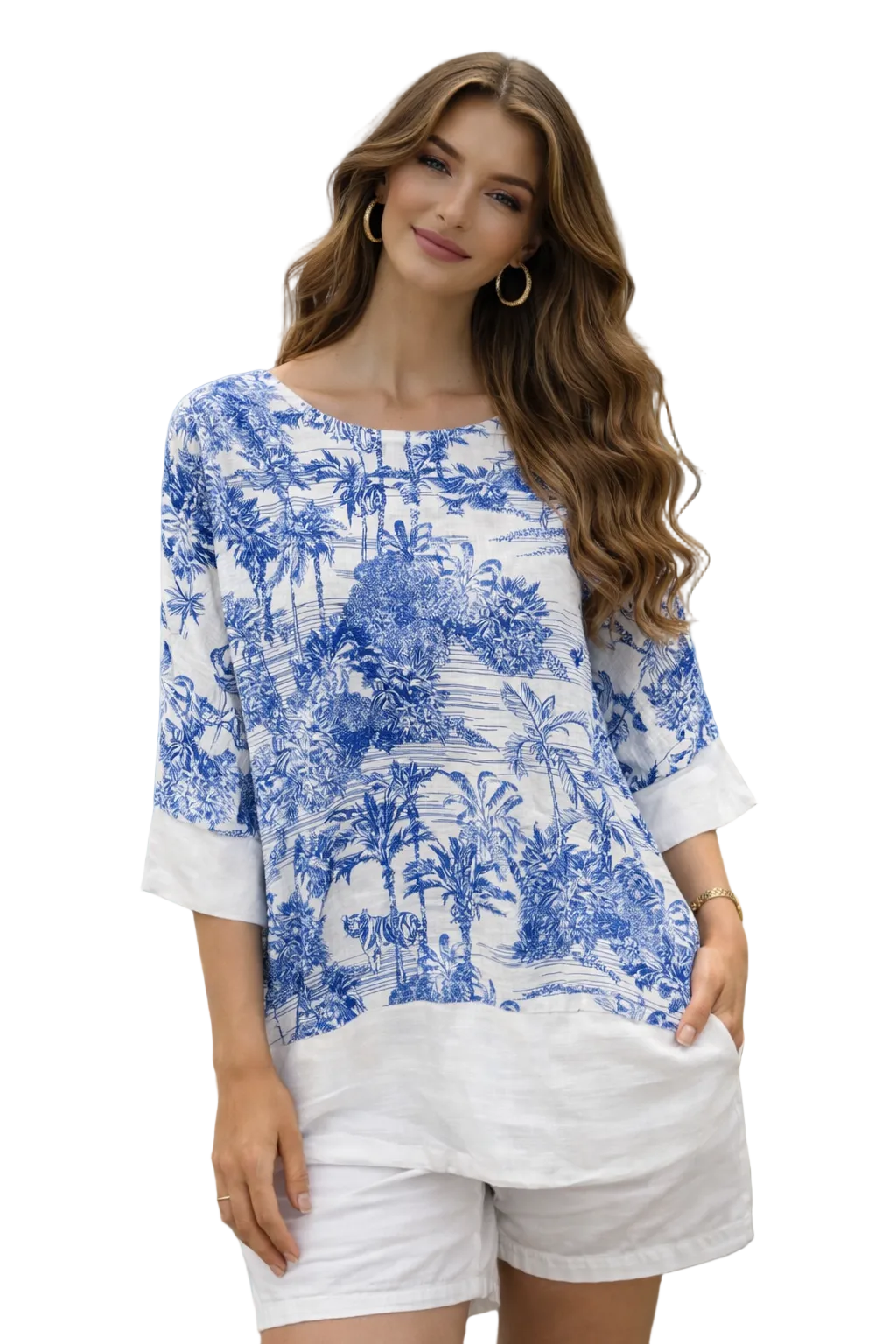 Medea linen tunic with a blue "adoro" print