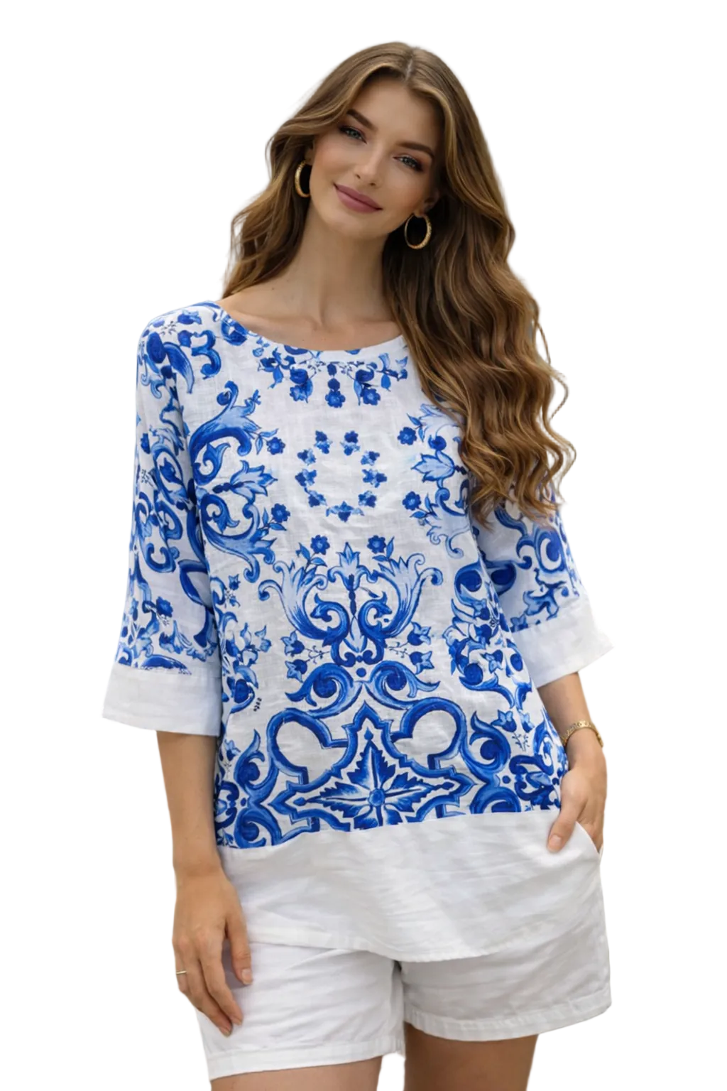 Medea linen tunic with Ravello blue print