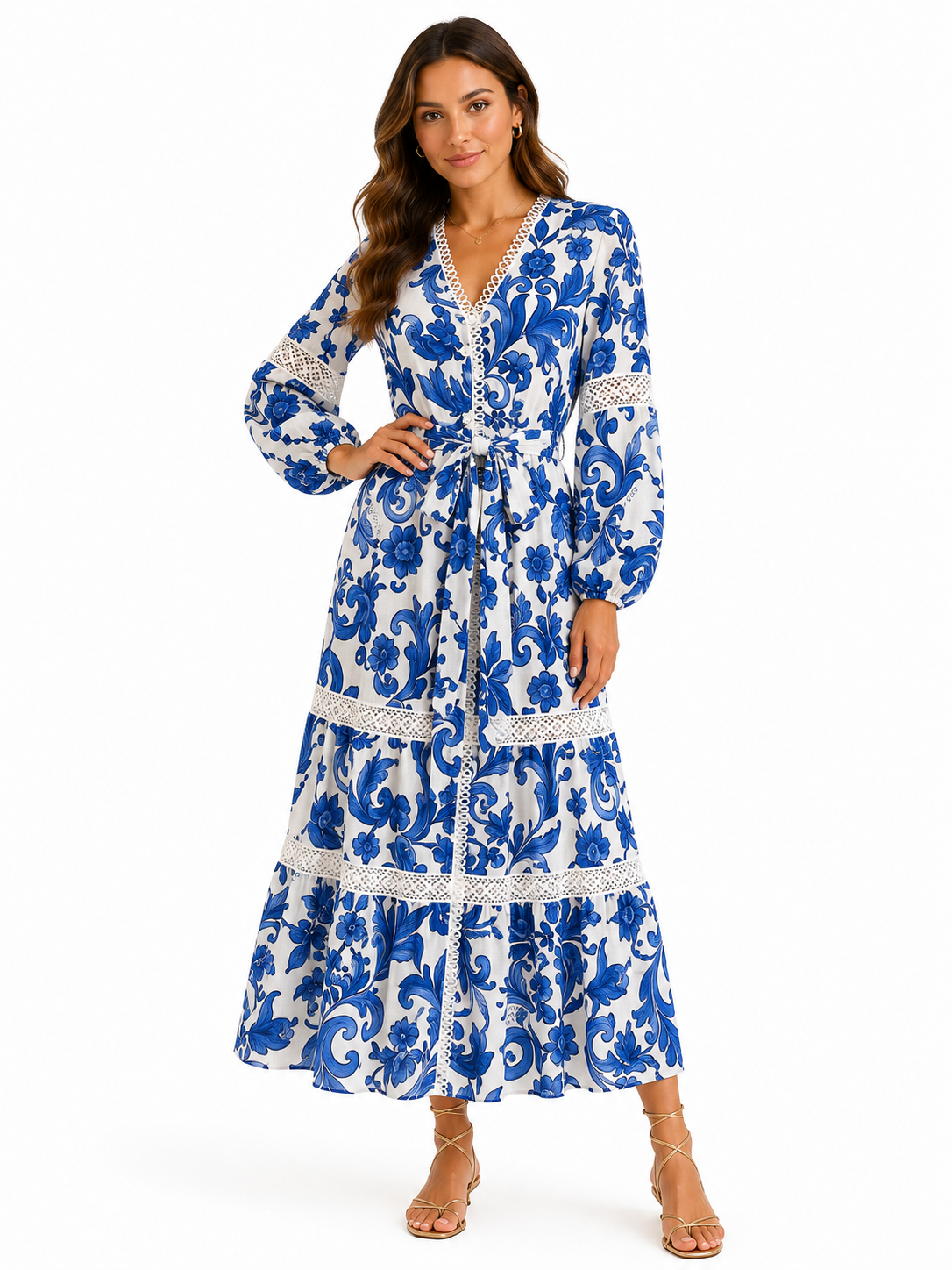 Langes Leinenkleid Star mit blauem Ramo-Druck, Gürtel und Spitze