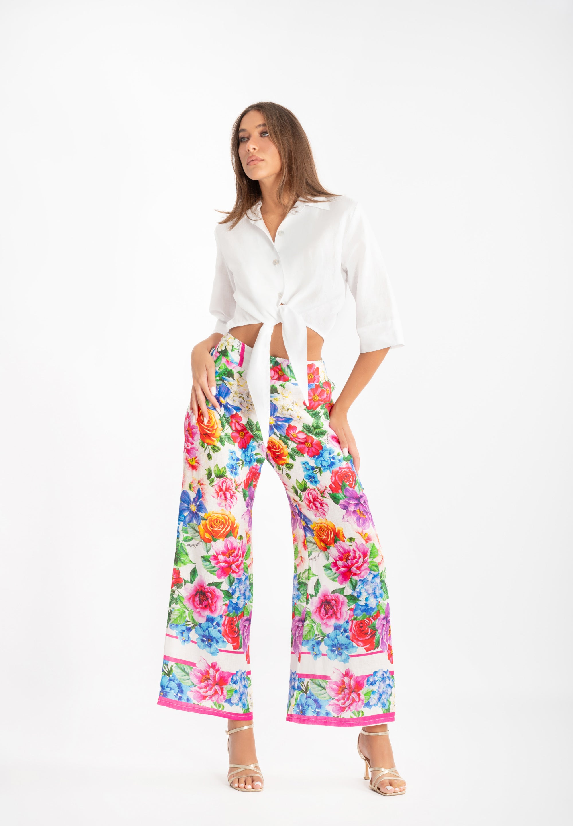 Tania white top and Maira floral print linen trousers set