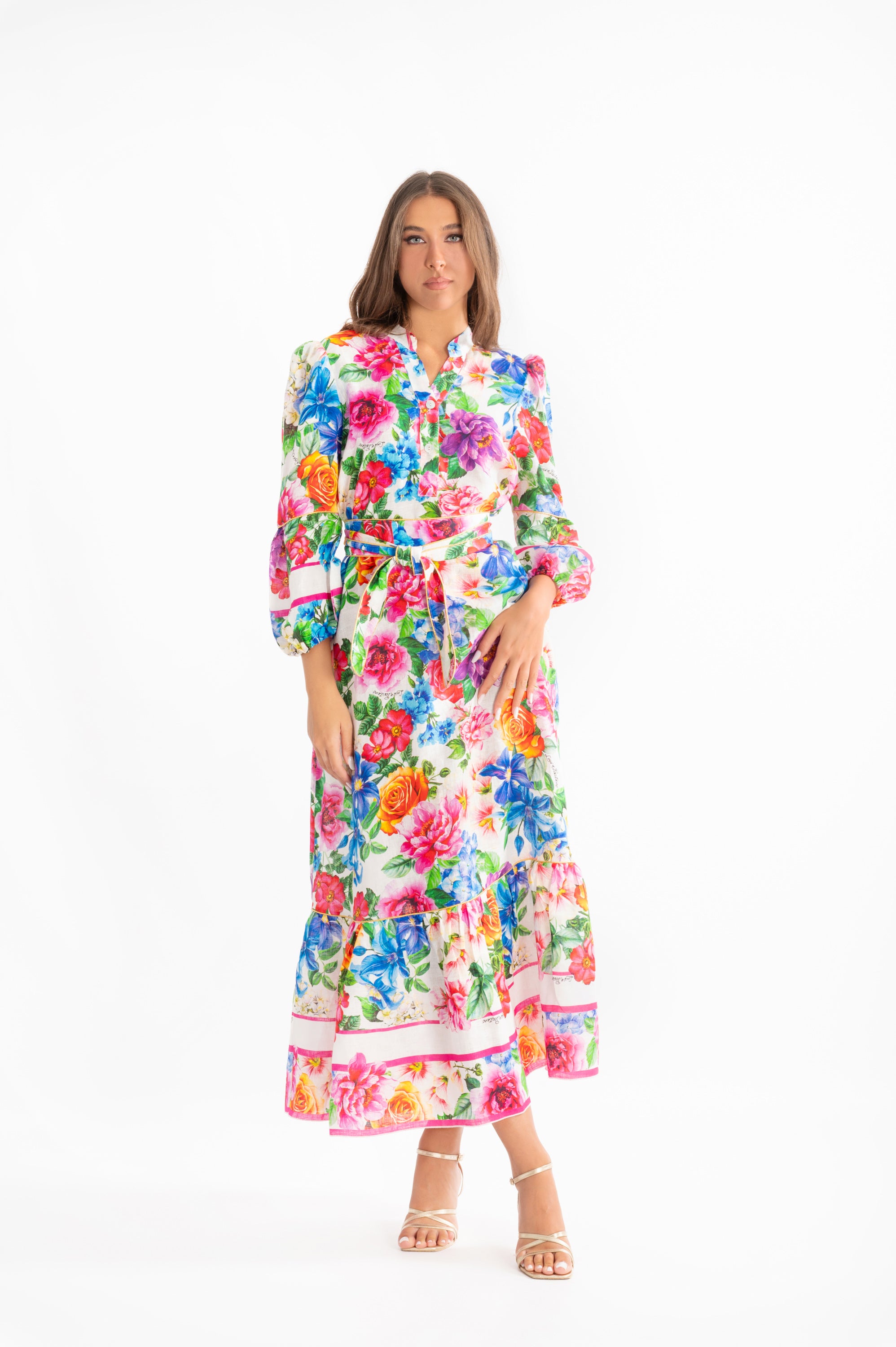 Monaco long dress with floral print linen belt
