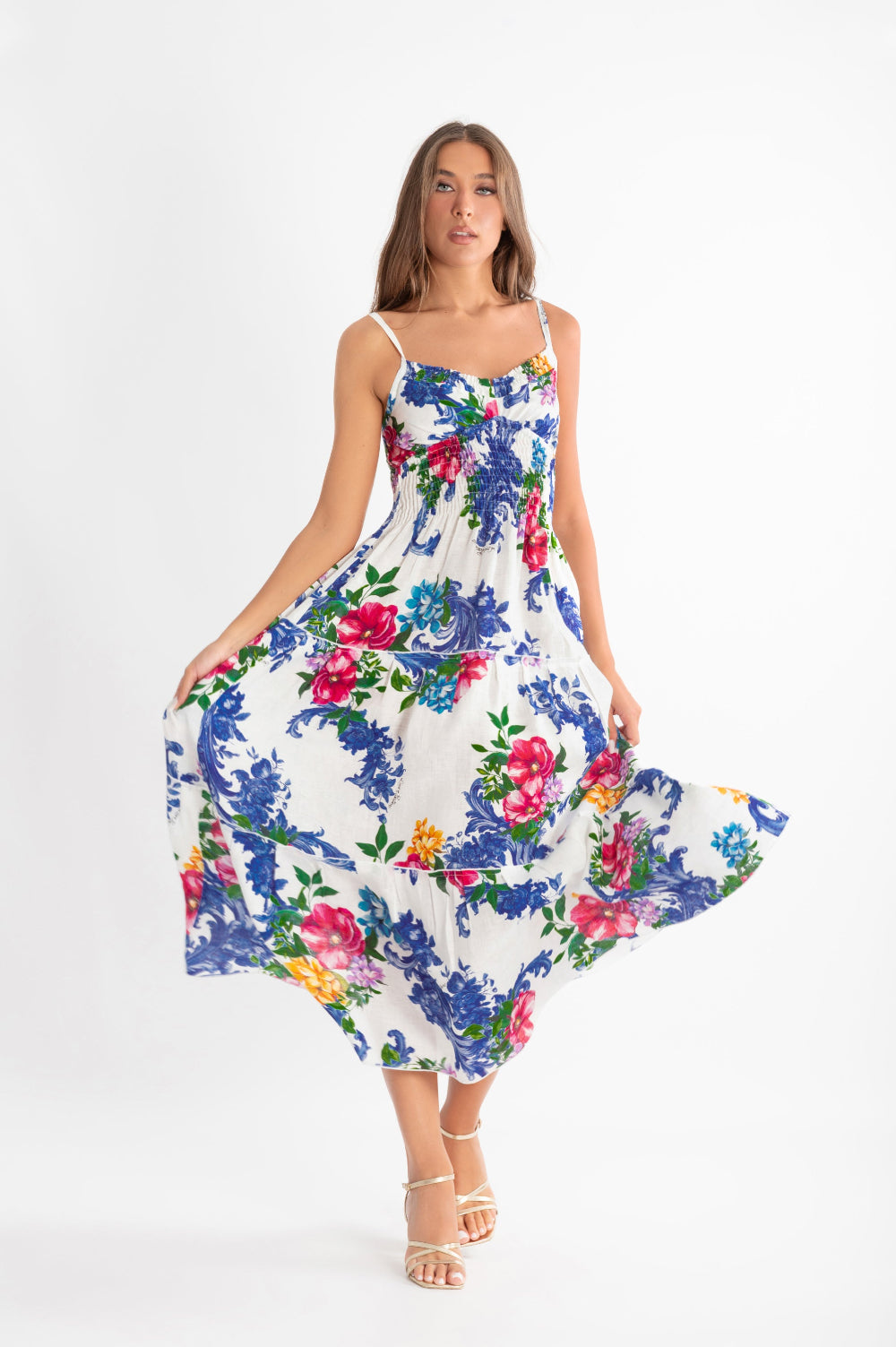 Ornella long linen dress with art print straps