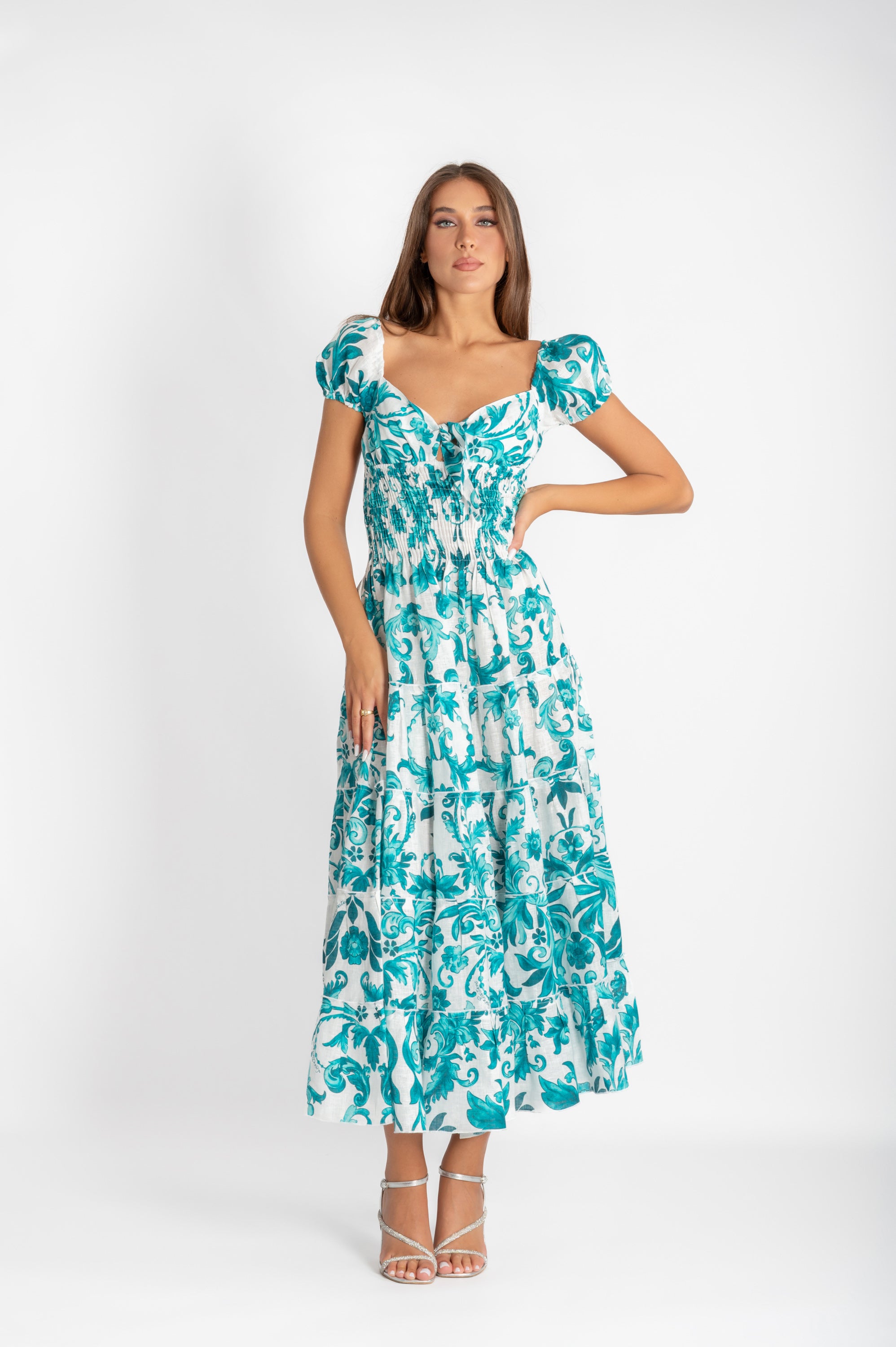 Leinenkleid Fresella mit grünem Zweigprint